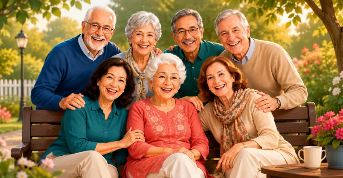 An older man sitting peacefully with a cup of tea, smiling while talking with family on a tablet.