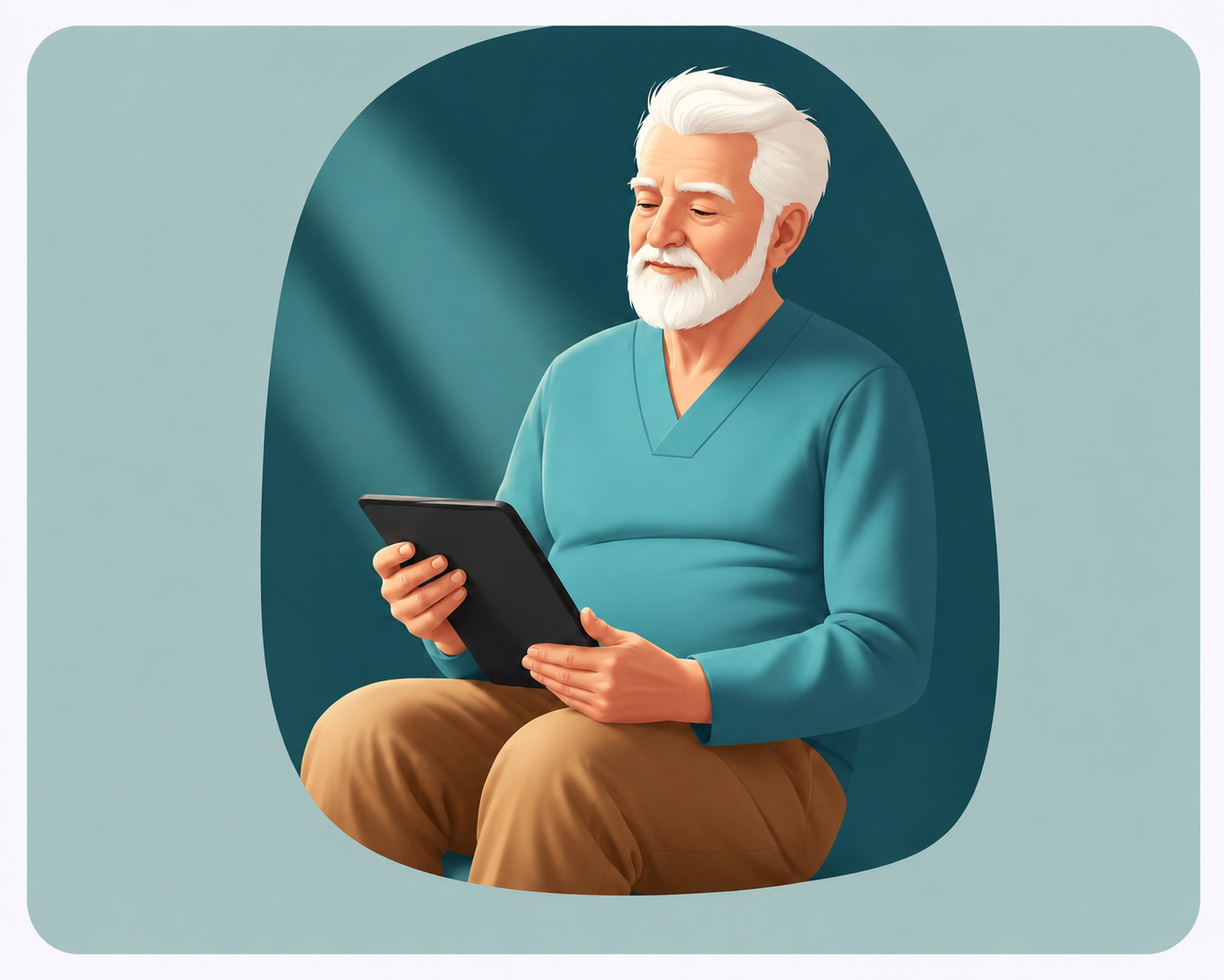 An elderly man with white hair and a beard, wearing a teal top and holding a tablet.