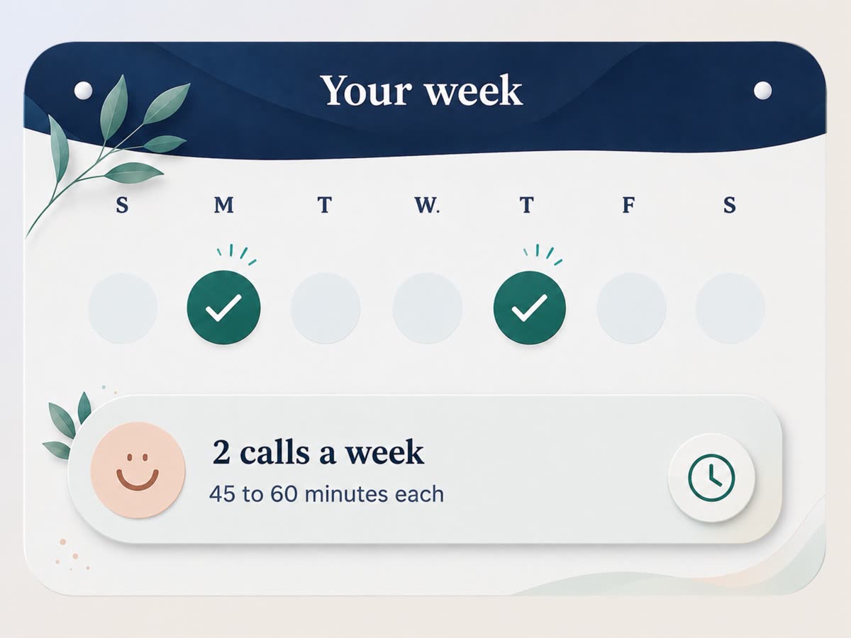 A weekly calendar highlighting the scheduled call days — two calls a week, 45 to 60 minutes each.