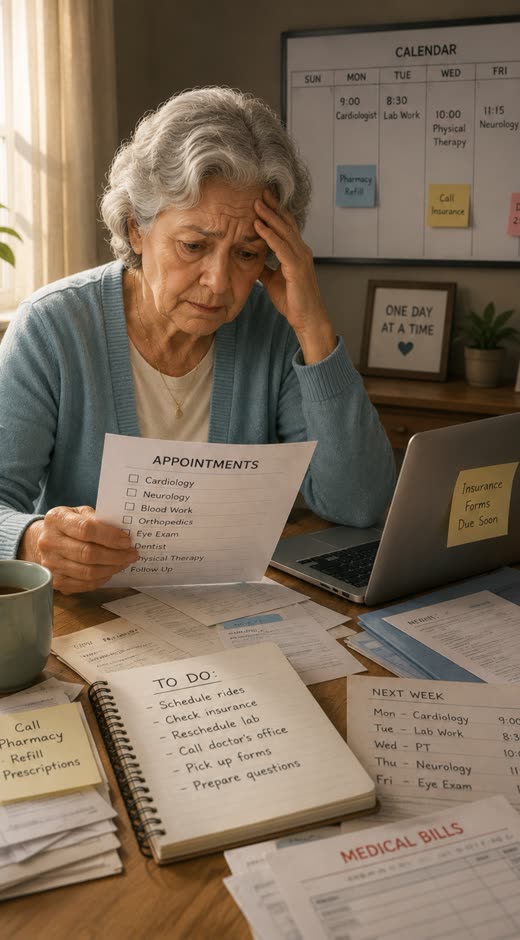 An older adult overwhelmed by appointments, a calendar and paperwork.