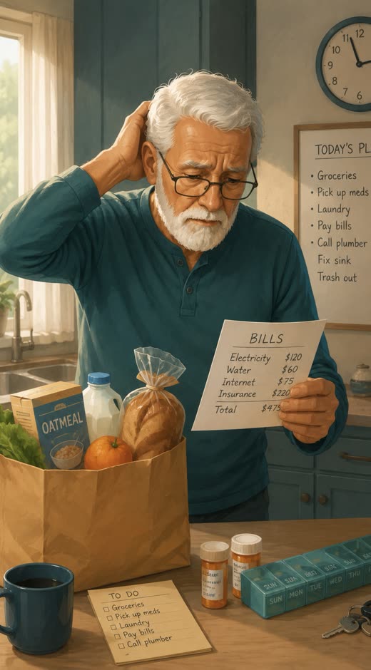 An older adult holding a bag of groceries while frowning at a smartphone.