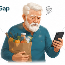 An older adult holding a bag of groceries while frowning at a smartphone.