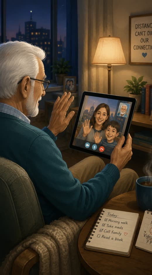 An adult child holding a tablet, video-calling her father who appears on the screen.