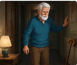 An elderly man steadying himself against the wall in a dim hallway at night, a cane nearby.