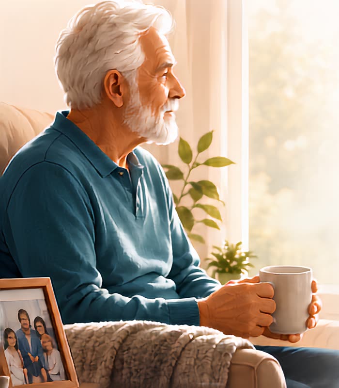 An older man sitting alone in an armchair, holding a mug and gazing out a sunlit window beside a framed family photo.