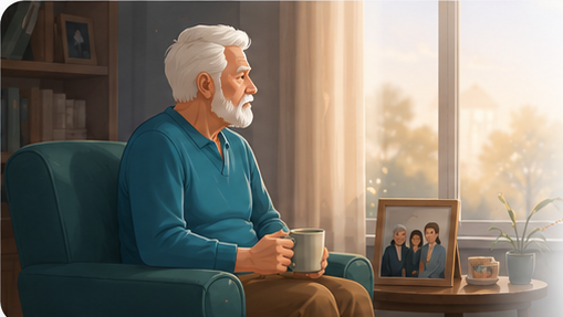 An older man sitting alone in an armchair, holding a mug and gazing out a sunlit window beside a framed family photo.