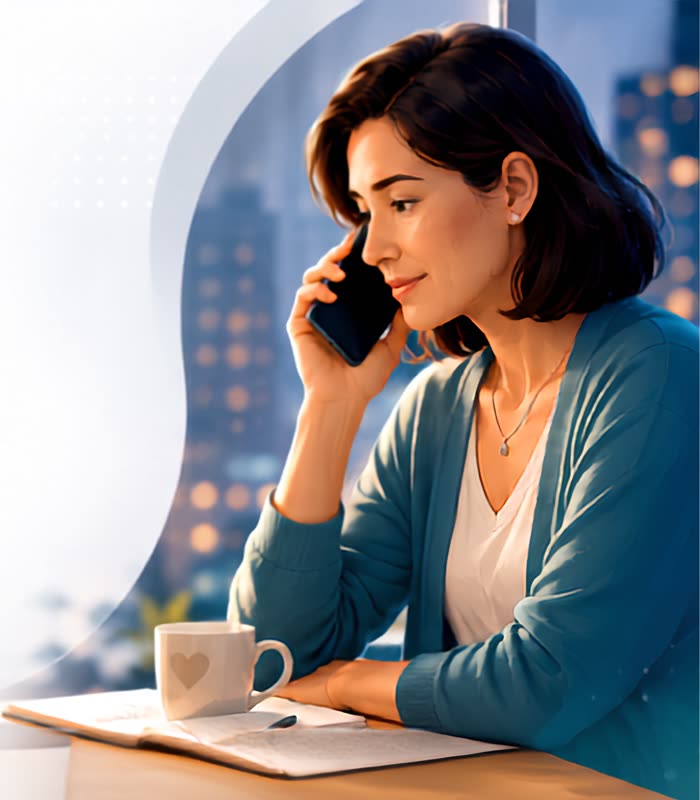 An adult child in a city apartment at dusk, looking at a phone with concern.