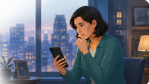 An adult child in a city apartment at dusk, looking at a phone with concern.