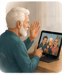 An older man waving at a tablet during a family video call.