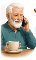 An older man enjoying tea during a friendly phone check-in.
