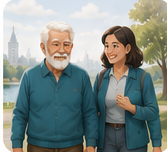 An older man walking through a park with his companion.