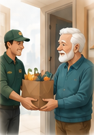 A courier handing a bag of groceries to a smiling older man at his door.