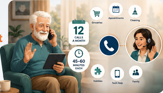 An older man relaxing in his armchair on a call with his care companion, surrounded by the everyday tasks she helps arrange: groceries, appointments, cleaning, hobbies, tech help and family, with twelve calls a month at 45 to 60 minutes each.