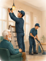 A handyman on a ladder changing a light bulb while another cleans, as the older man looks on.